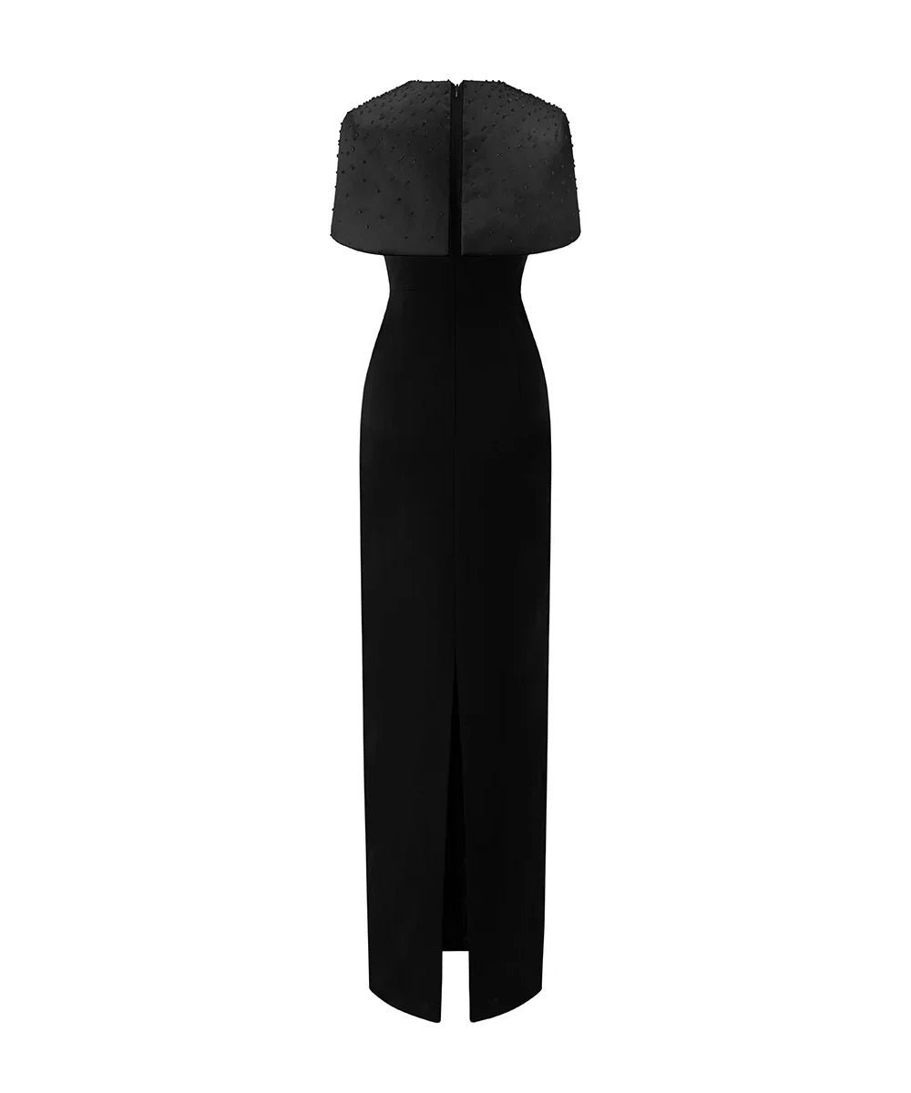 Black Beaded Cape Overlay Slim Column Satin Evening Gown