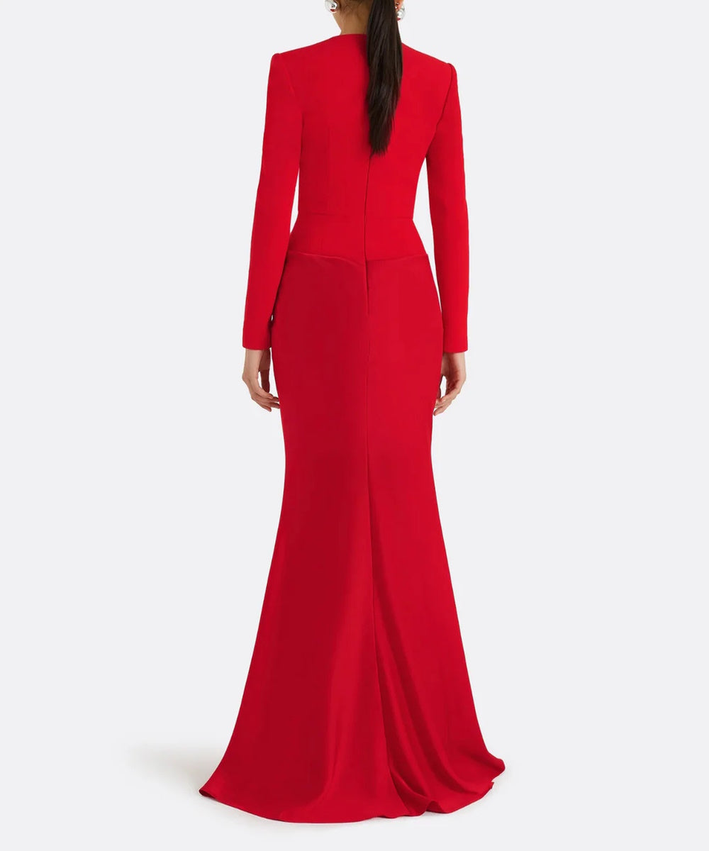 Bright Red Crew Neck Long Sleeve Waist Twist Draped Mermaid Train Evening Gown
