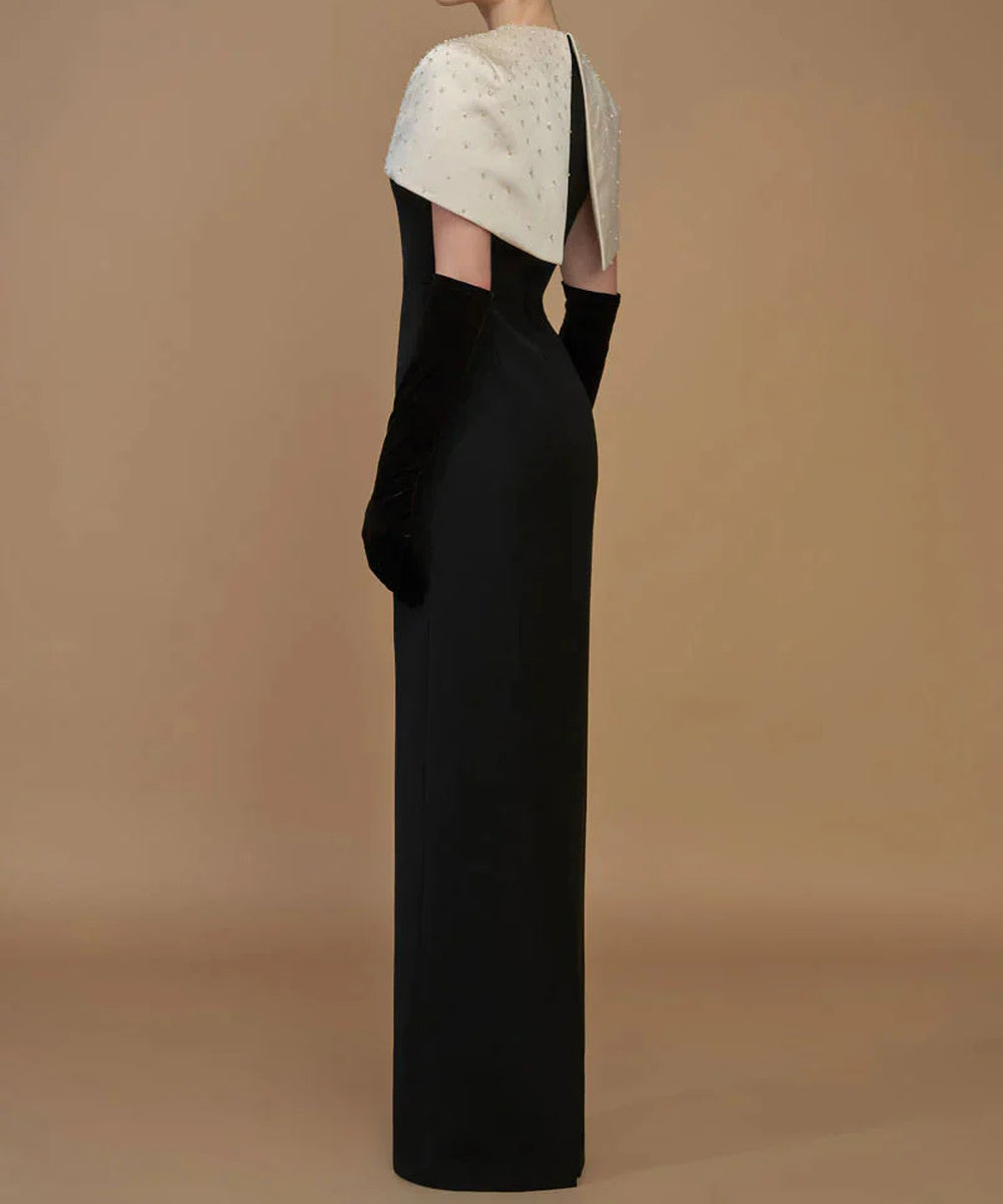 Black Column Gown with Ivory Crystal Beaded Cape Overlay
