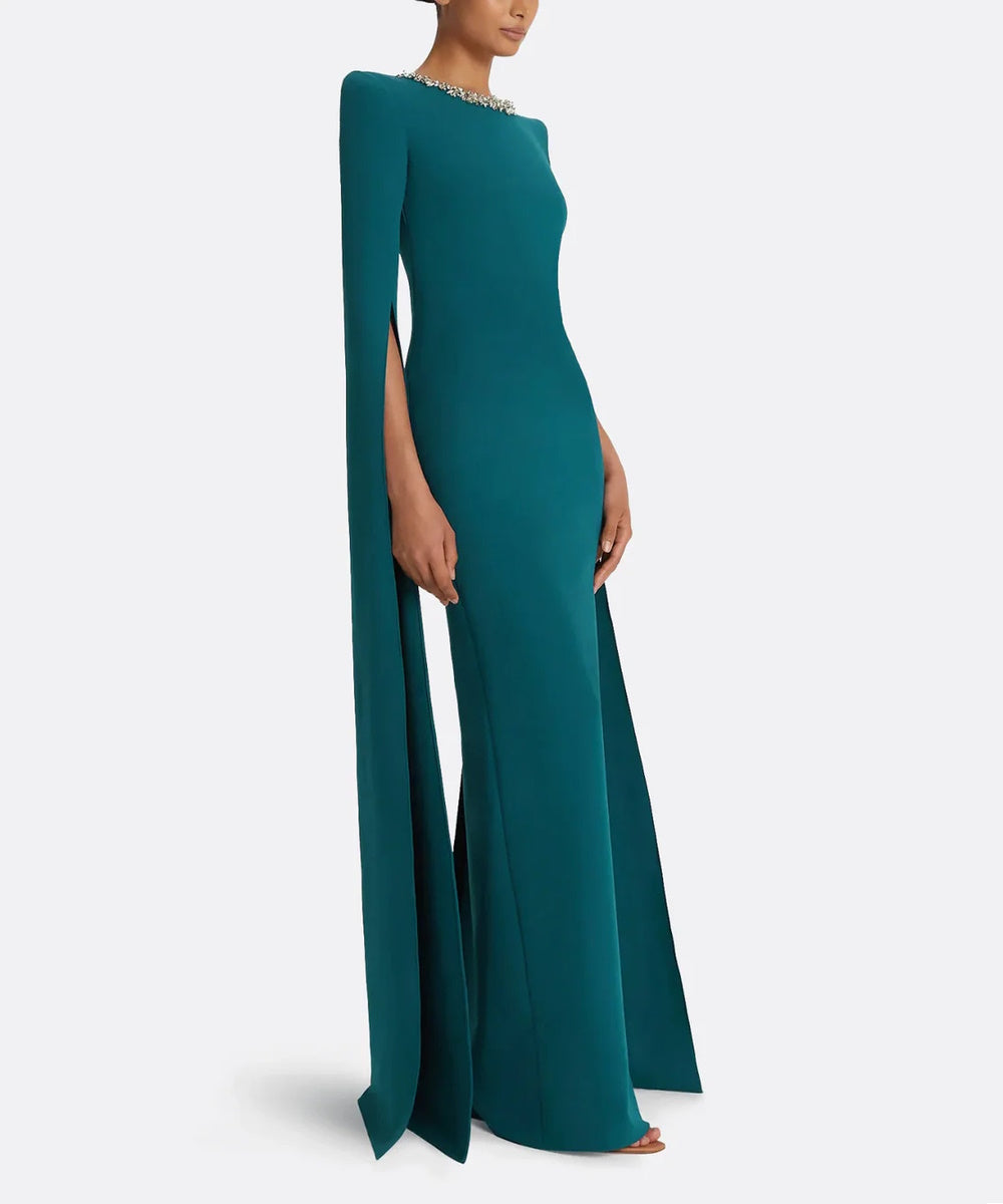 Teal Structured Shoulder Crystal Neck Split Sleeve Formal Maxi Dress