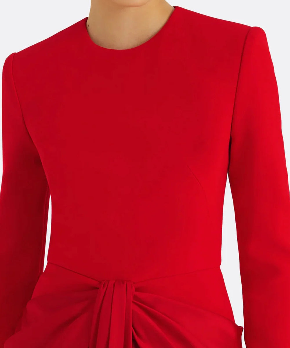 Bright Red Crew Neck Long Sleeve Waist Twist Draped Mermaid Train Evening Gown