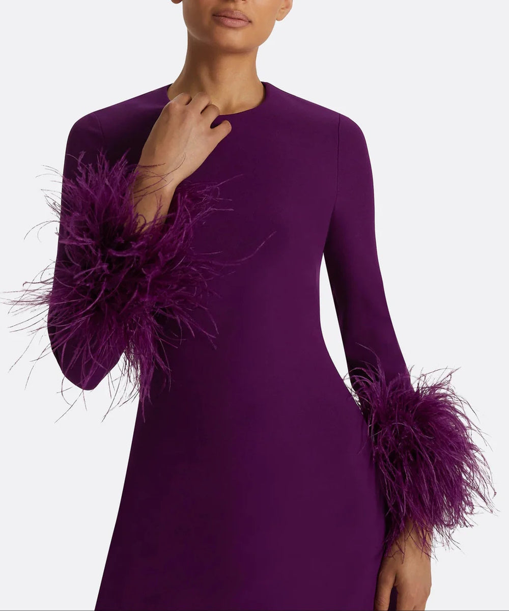 Violet Round Neck Long Sleeve Ostrich Feather Cuff Column Maxi Evening Gown