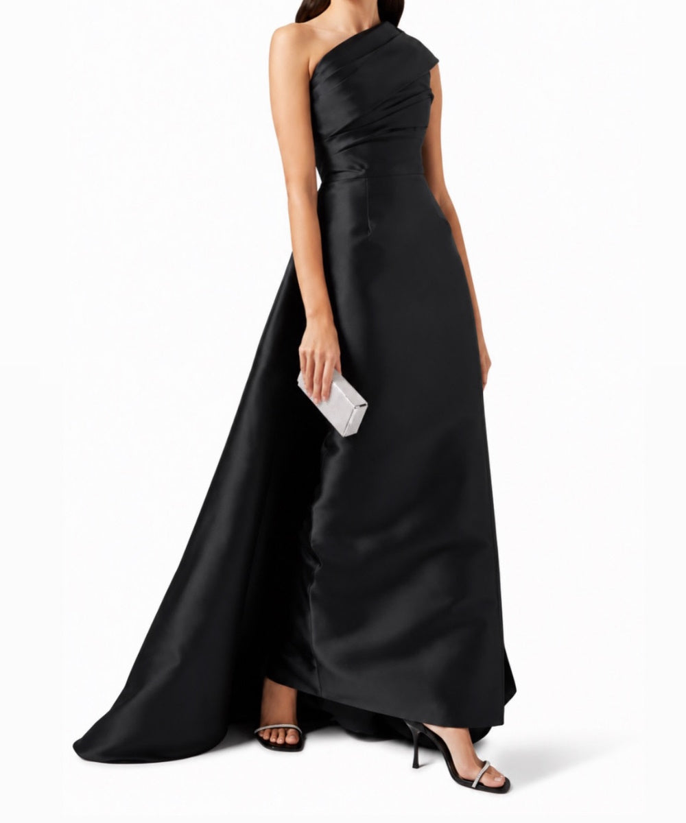 Black One Shoulder Satin A-Line Formal Evening Gown
