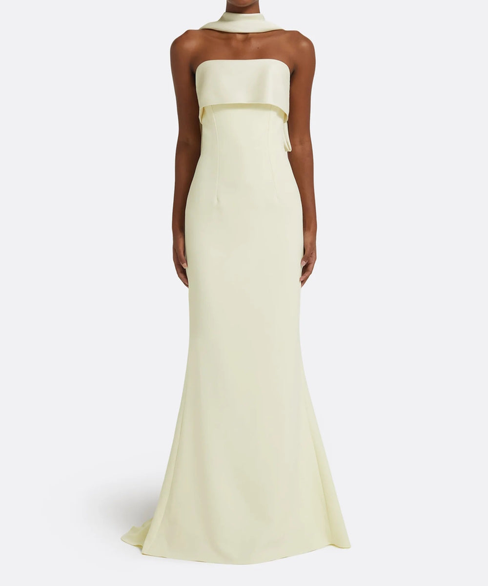 Cream Strapless Fold Bodice Neck Sash Trailing Mermaid Maxi Evening Gown