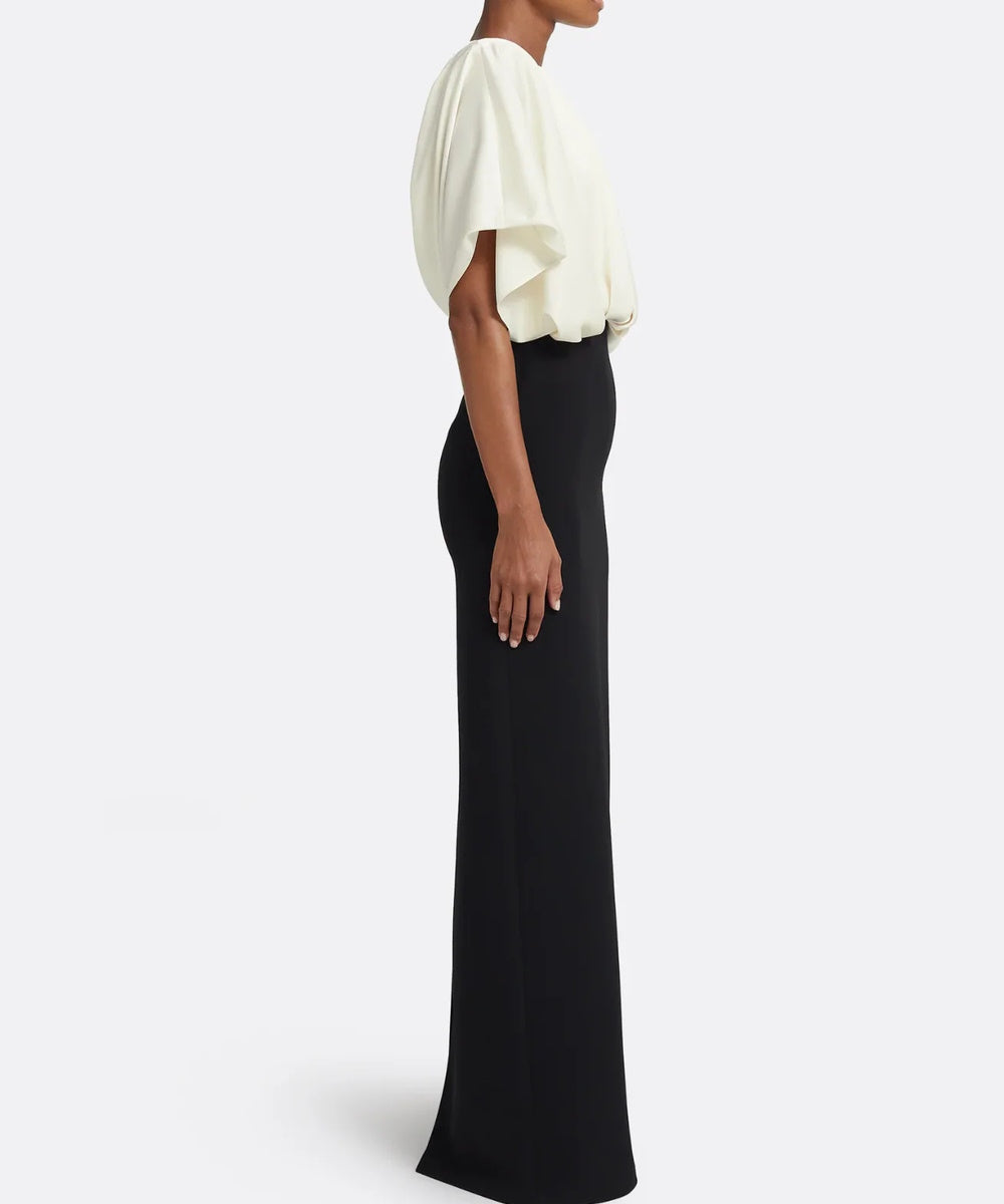 Two Tone Draped Dolman Sleeve Blouson Bodice Column Maxi Evening Gown