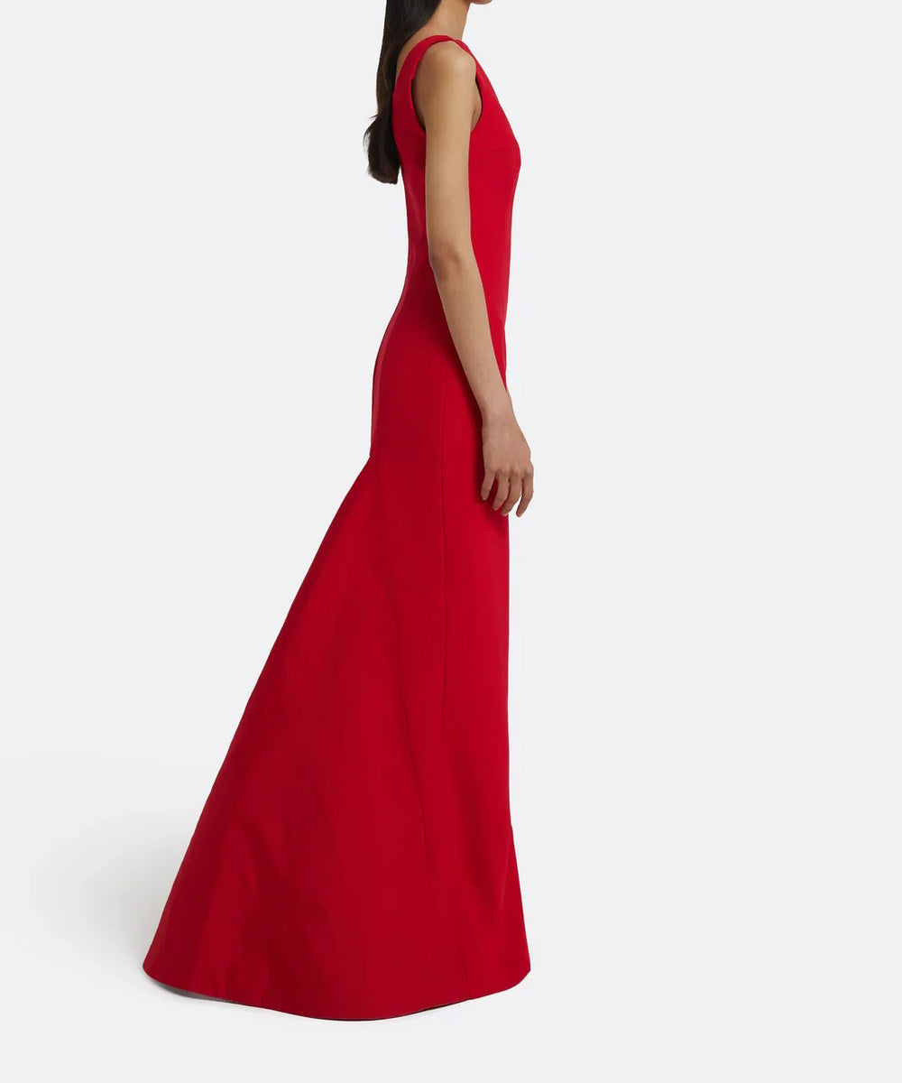 Red Sleeveless Boat Neck V-Back Flared Mermaid Maxi Evening Gown