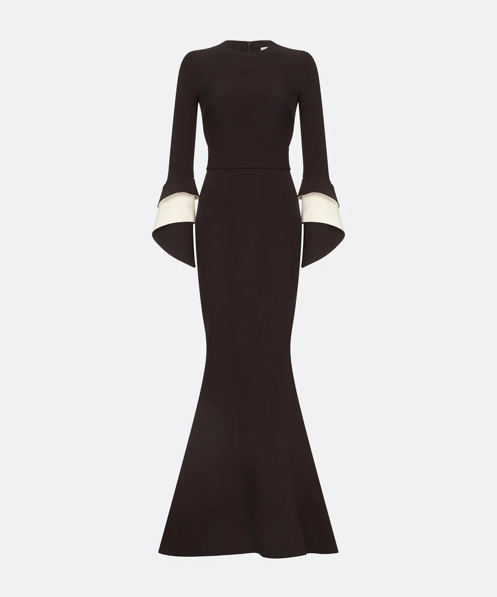 Black Crew Neck Two-Tone White Layered Flared Cuff Mermaid Train Evening Gown