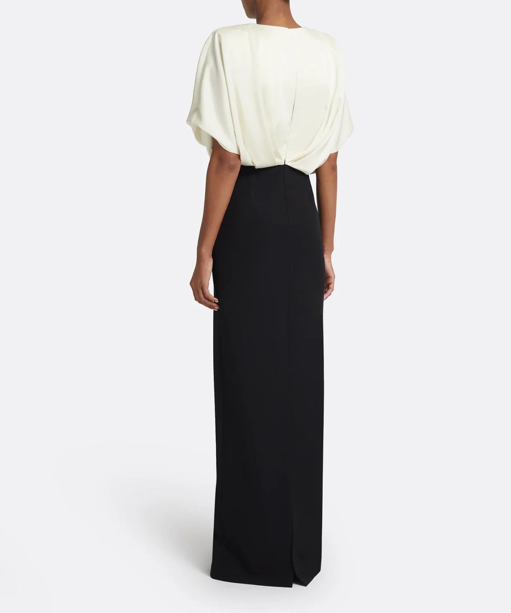 Two Tone Draped Dolman Sleeve Blouson Bodice Column Maxi Evening Gown