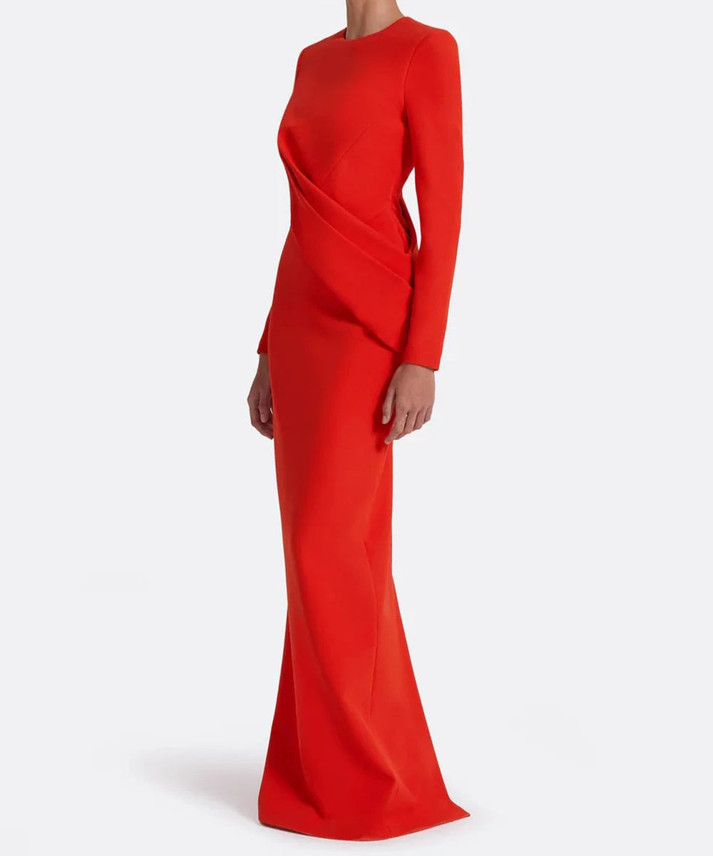 Bright Red Round Neck Long Sleeve Diagonal Draped Crepe Column Maxi Gown