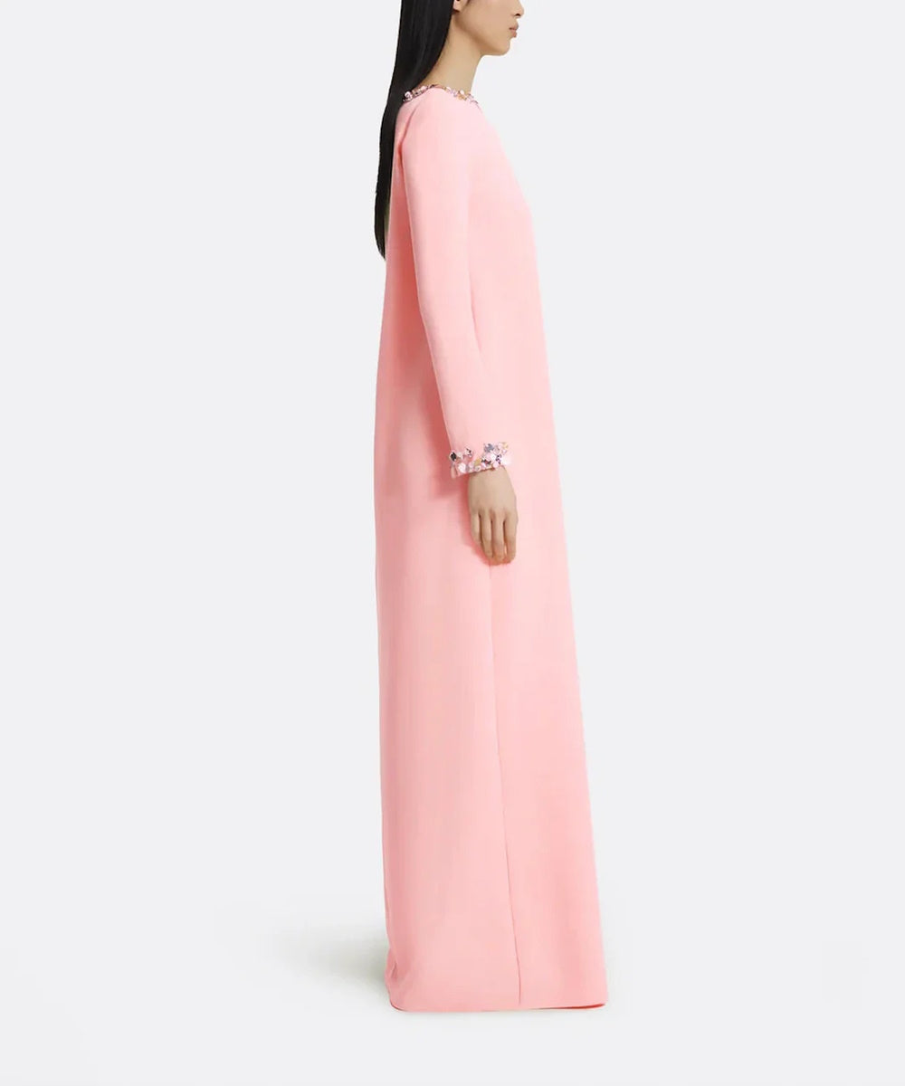 Blush Pink Multi-Colored Crystal Embellished Boat Neck Loose Straight Long Sleeve Maxi Gown
