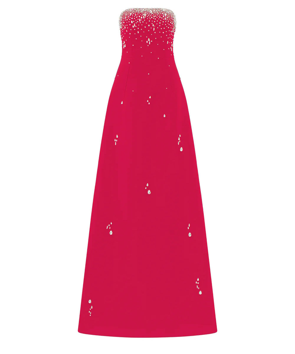 Strapless Scattered Crystal Embellished A-Line Maxi Evening Gown