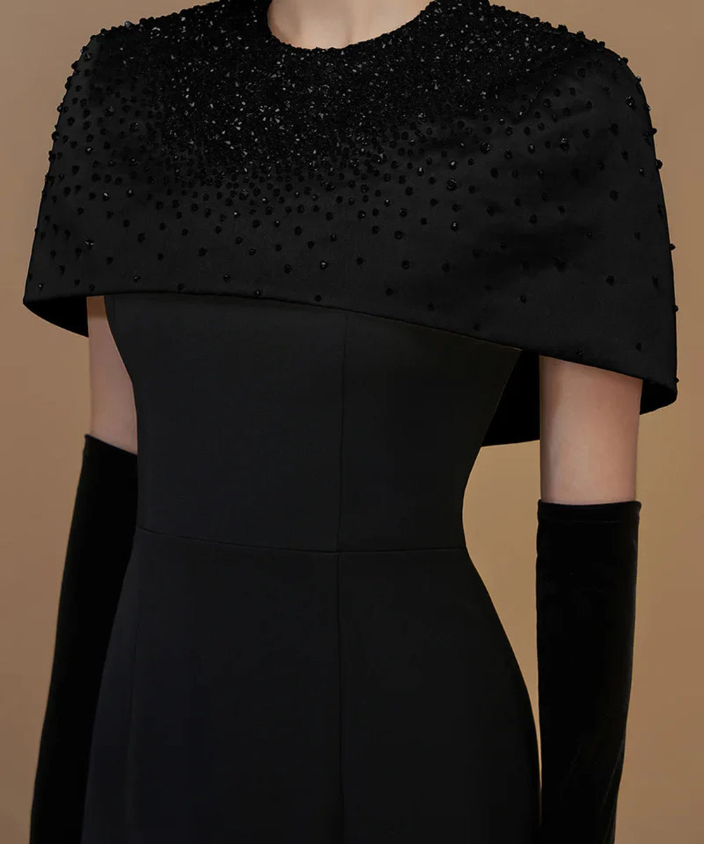Black Beaded Cape Overlay Slim Column Satin Evening Gown