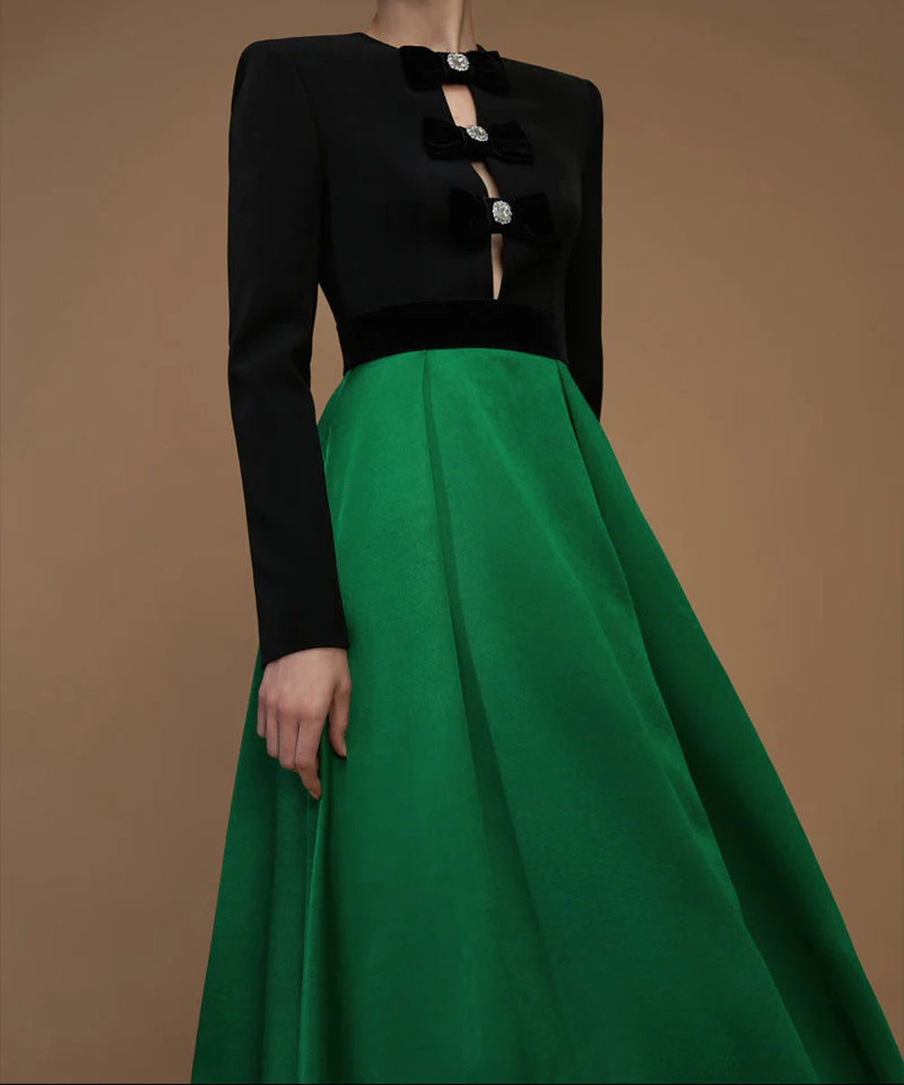 Black Green Color Block Velvet Bow Crystal Long Sleeve A-Line Maxi Evening Gown