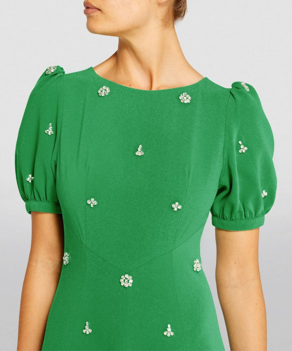 Emerald Green Puff Sleeve Crystal Floral Beaded Cutout Back Flowy Maxi Gown
