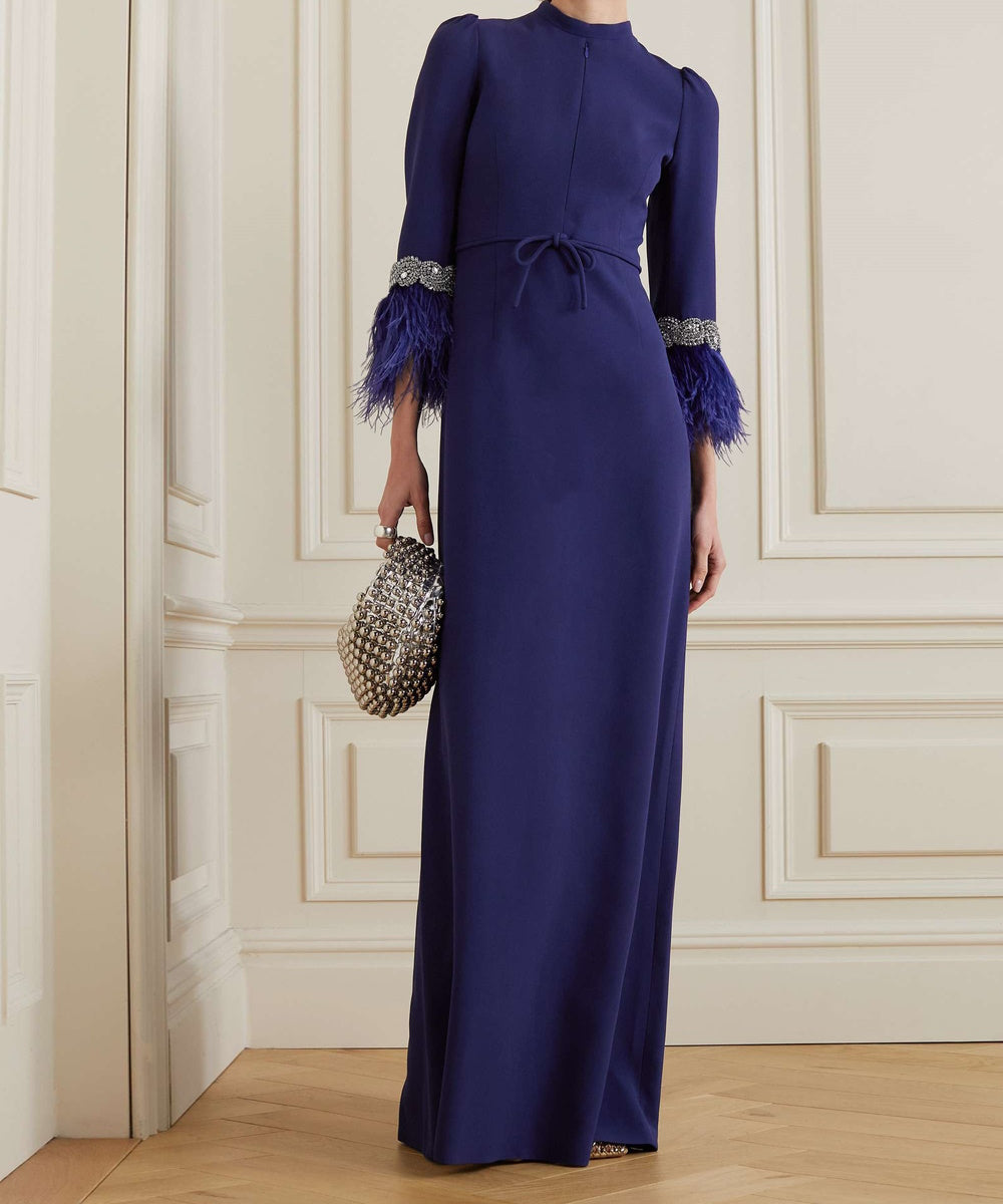 Deep Royal Blue Stand Collar Crystal Cuff Feather Three Quarter Sleeve Tie Waist Column Maxi Gown