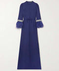 Deep Royal Blue Stand Collar Crystal Cuff Feather Three Quarter Sleeve Tie Waist Column Maxi Gown