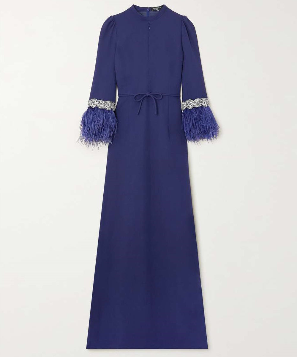 Deep Royal Blue Stand Collar Crystal Cuff Feather Three Quarter Sleeve Tie Waist Column Maxi Gown